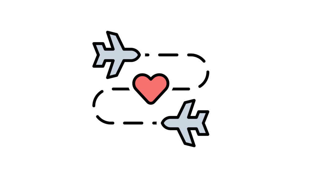 Two planes with flightpaths connected by a heart